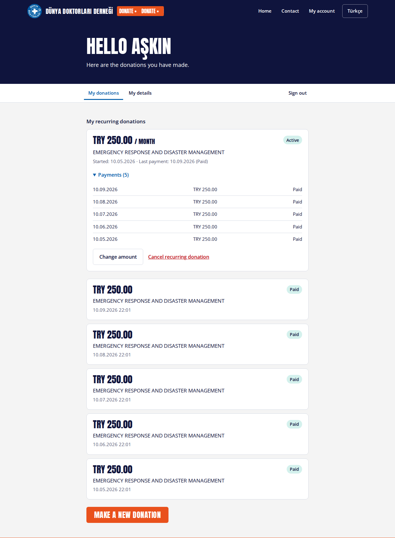 My donations: monthly donation and its charges