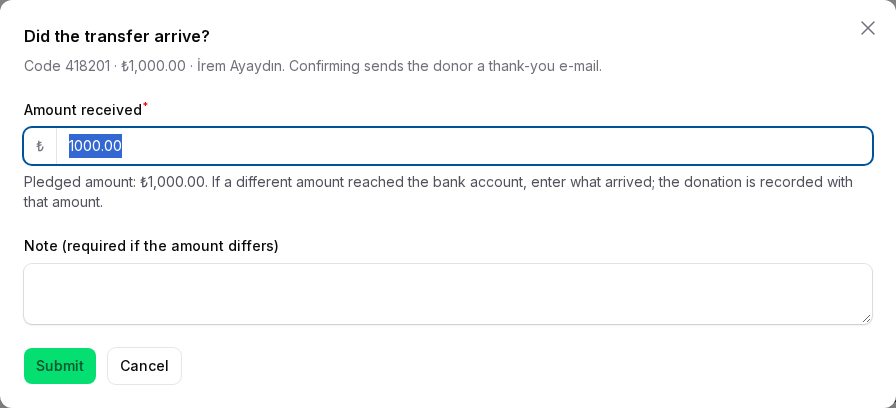 Transfer received window