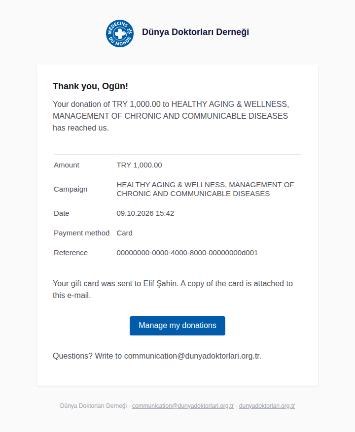 Donor's thank-you e-mail for a gift