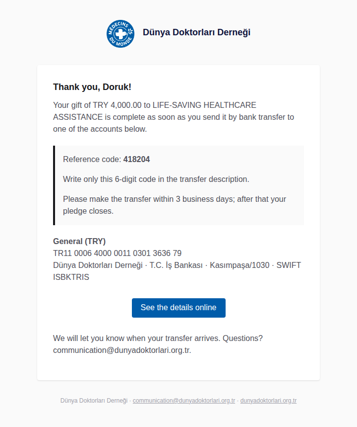 Bank transfer details