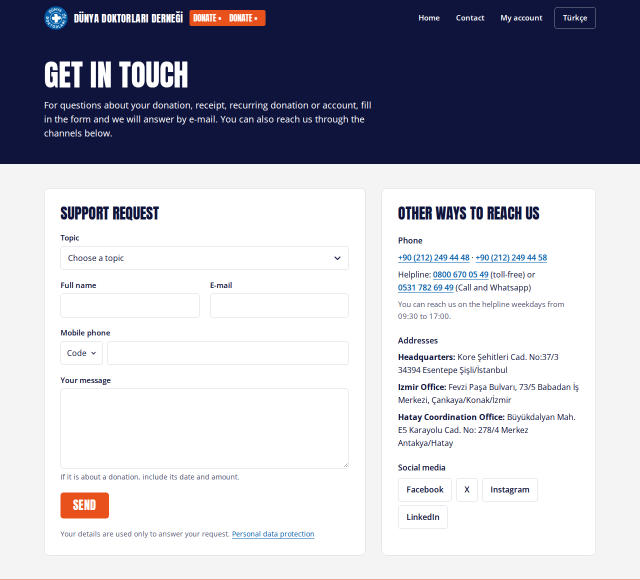 Contact page and support form
