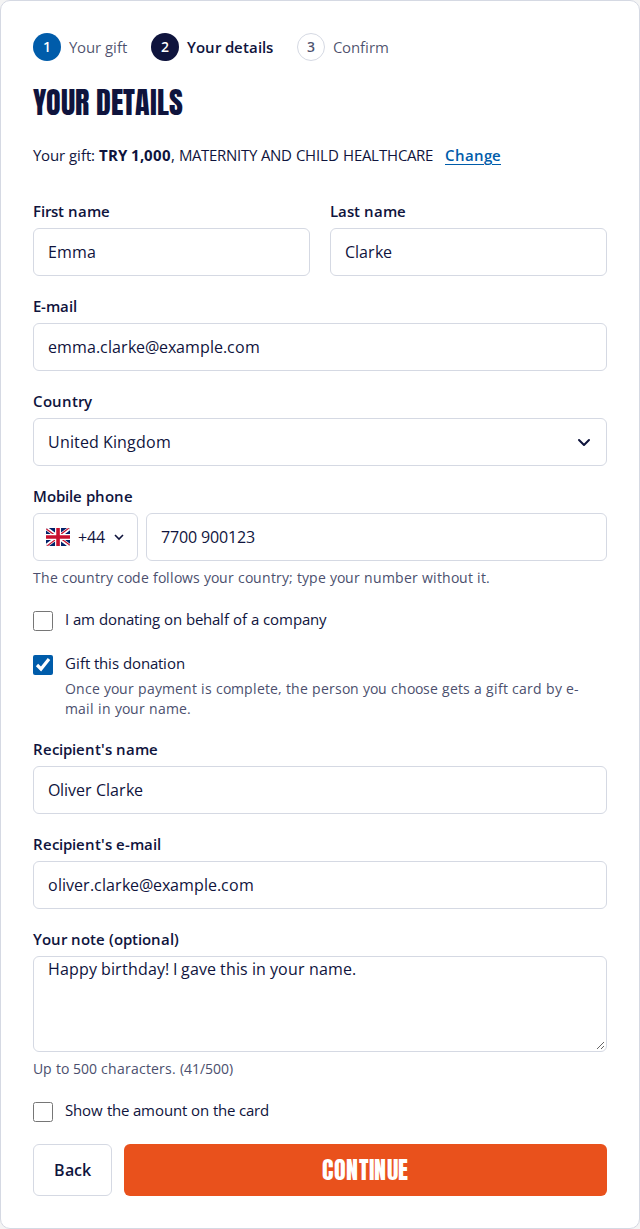 Step 2 of the donation form, with the gift option