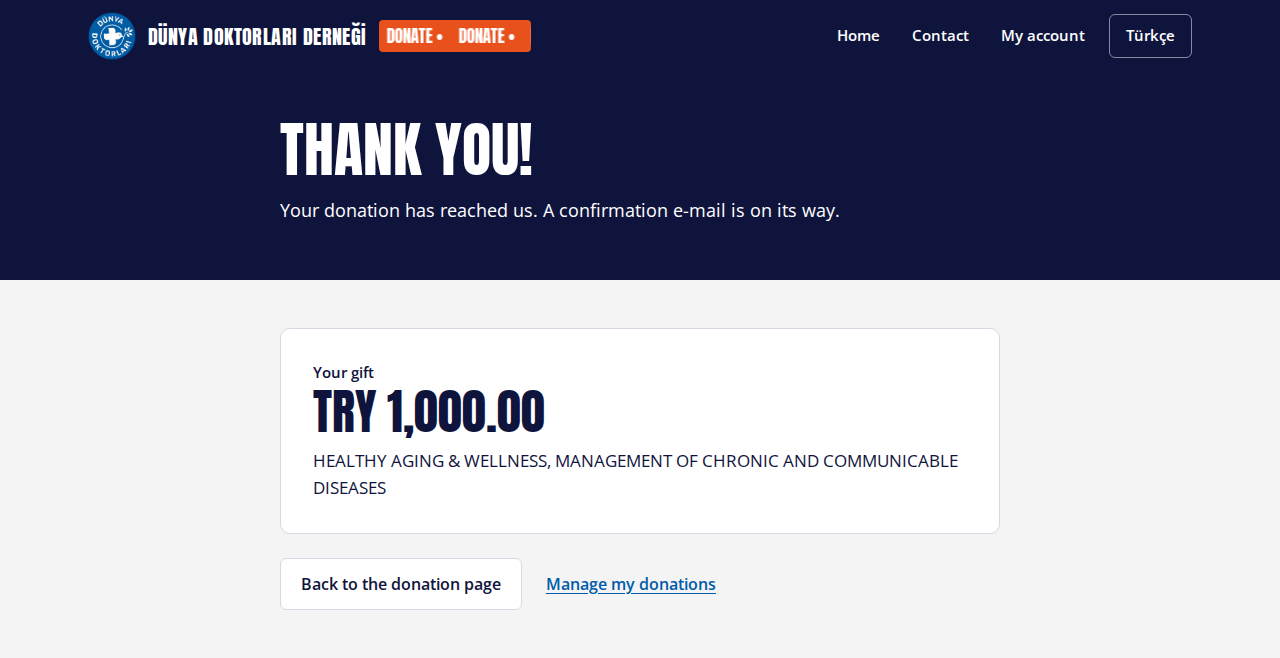 Thank-you page after a card donation