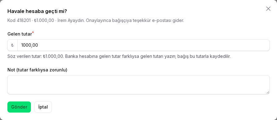 Havale geldi penceresi