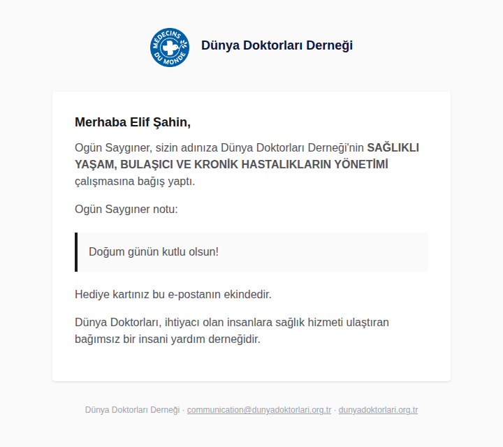 Hediye edilen kişiye giden e-posta