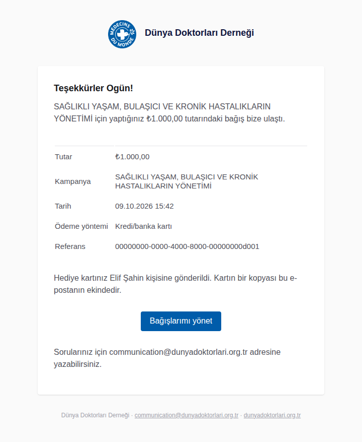 Hediye bağışında bağışçının teşekkür e-postası