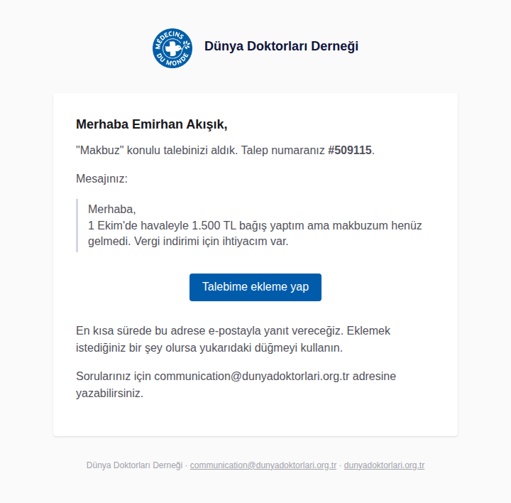 Destek talebi alındı