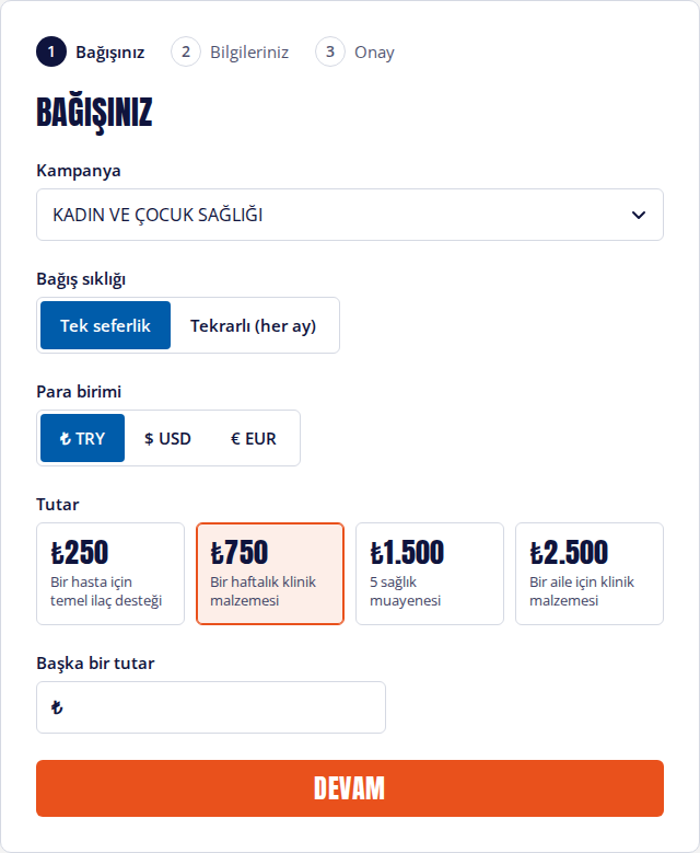 Bağış formunun ilk adımı