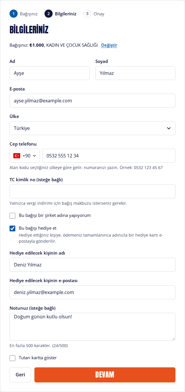 Bağış formunun ikinci adımı, hediye seçili
