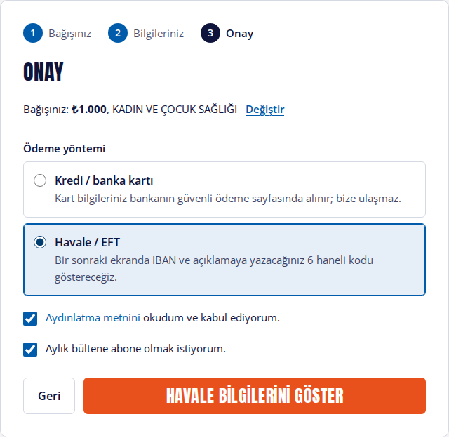 Bağış formunun onay adımı