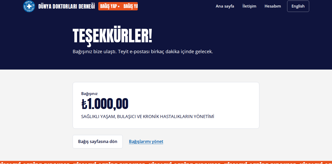 Kartla bağıştan sonra teşekkür sayfası