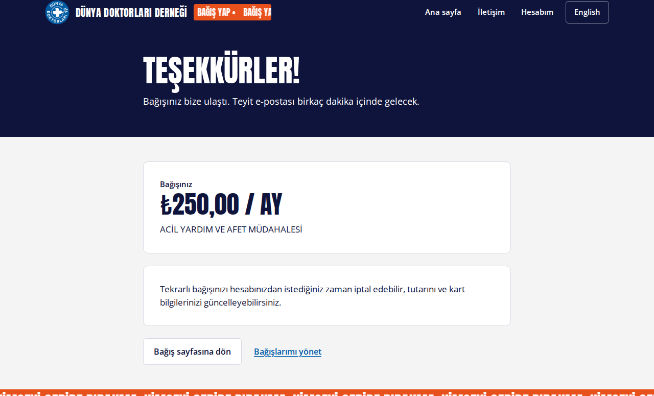 Aylık bağış başladığında teşekkür sayfası